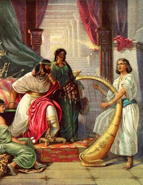 Illustratie van koning David die harp speelt, omringd door elementen uit de psalmen.