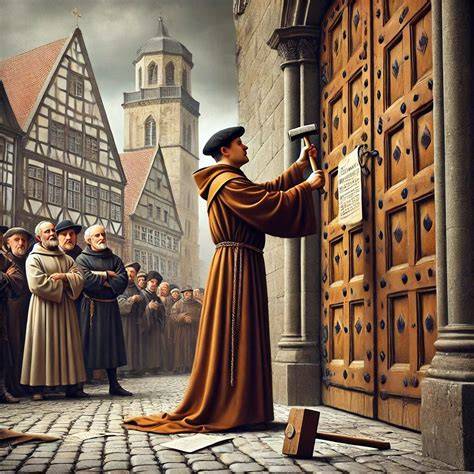 Illustratie van Maarten Luther die zijn 95 stellingen op de deur van de slotkerk in Wittenberg spijkert.