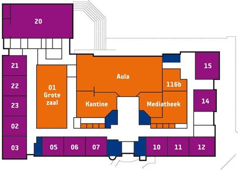 Plattegrond van de school met verschillende vleugels en leerpleinen