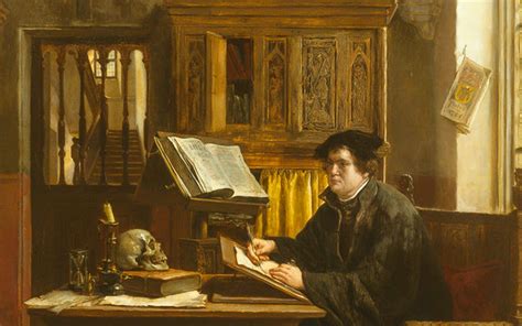 Illustratie van Maarten Luther die de Bijbel vertaalt