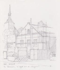 Illustratie van de oorspronkelijke schuilkerk aan de Haddingestraat, met de verborgen ingang achter een voorgebouw.