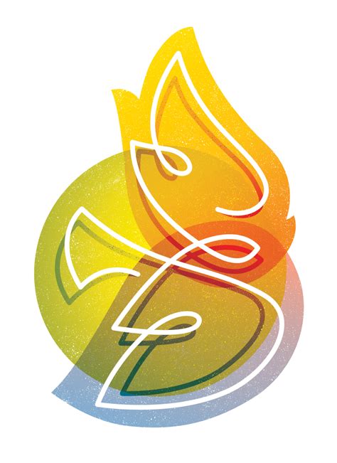 Illustratie van het jaarthema 'Kijk!', met een vlamvormig symbool en een duif