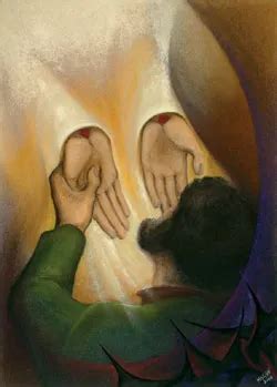 Illustratie van de apostel Thomas die de wonden van de verrezen Jezus aanraakt.