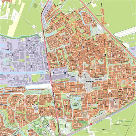 Een kaart van Drachten met de locaties van de verschillende kerkgebouwen gemarkeerd
