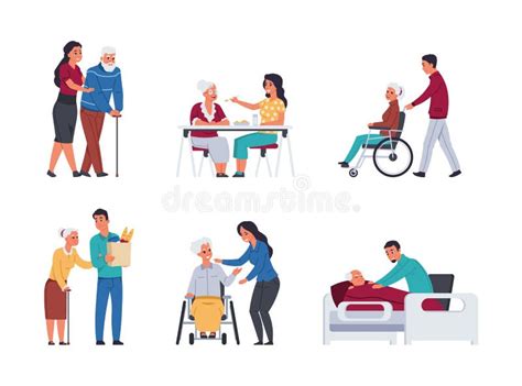 Illustratie van vrijwilligers die activiteiten ondernemen met ouderen