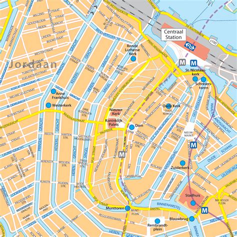 Kaart van het centrum van Amsterdam met gemarkeerde religieuze locaties