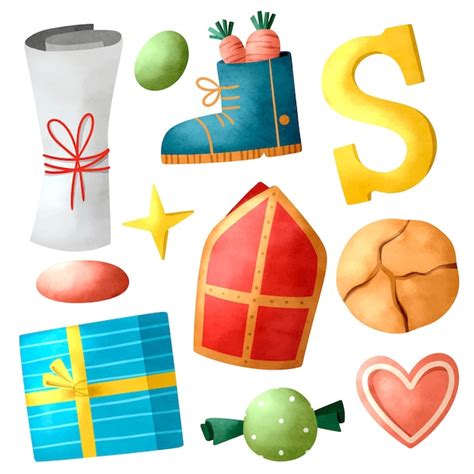 Collage van traditionele Sinterklaas-elementen zoals pepernoten, een mijter en een zak met cadeaus.