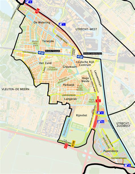 Overzichtskaart van de wijk Leidsche Rijn met aangegeven buurten en belangrijke infrastructuur