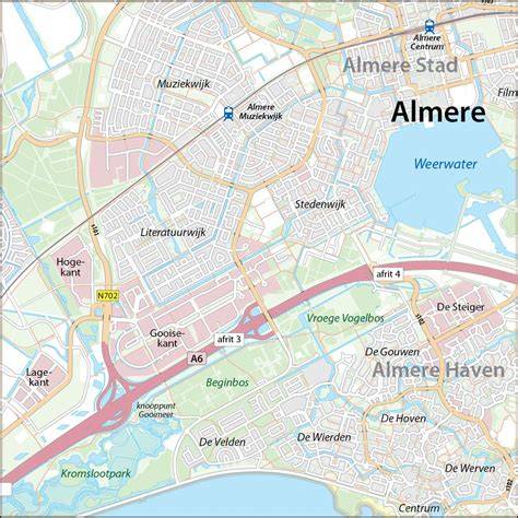 Kaart van Almere met aanduiding van verschillende wijken.