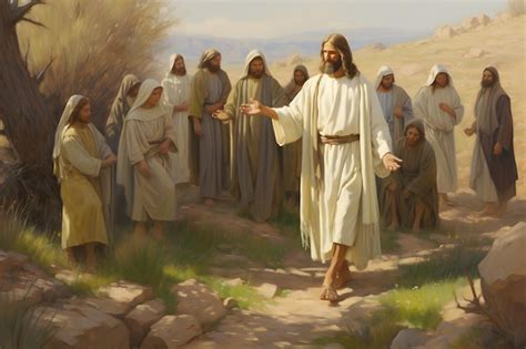 Een artistieke weergave van Yechoua (Jezus) die met zijn discipelen door Galilea trekt.