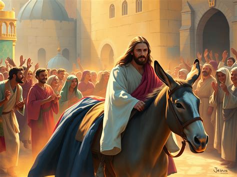 Een artistieke weergave van de menigte die Jezus in Jeruzalem toejuicht en later zijn kruisiging eist.