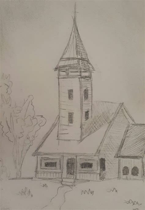 Schets van de kerk met heg en bomen, mogelijk de schets die Vincent aan Theo stuurde.