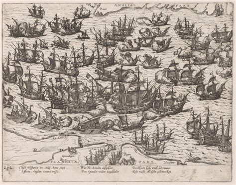 Illustratie van de Spaanse Armada, met talloze schepen op zee