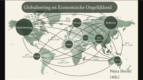 Infographic die de globalisering en de daarmee samenhangende wereldwijde problemen weergeeft (economische ongelijkheid, migratie, etc.).