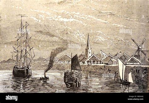 Oude gravure van een kerk met een windhaan