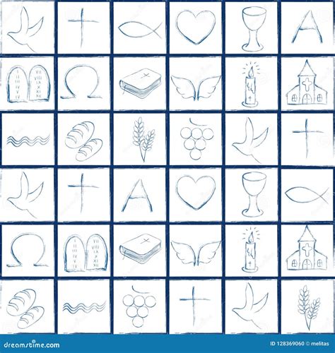 Illustratie van diverse christelijke bedels zoals kruisjes, Ichthus-visjes en engelen.