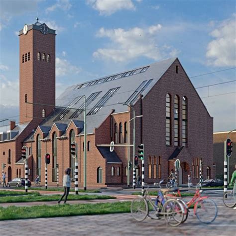 Illustratie van de Ichthuskerk Scheveningen met de duinen op de achtergrond