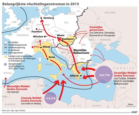 Kaart van Europa met routes van vluchtelingen