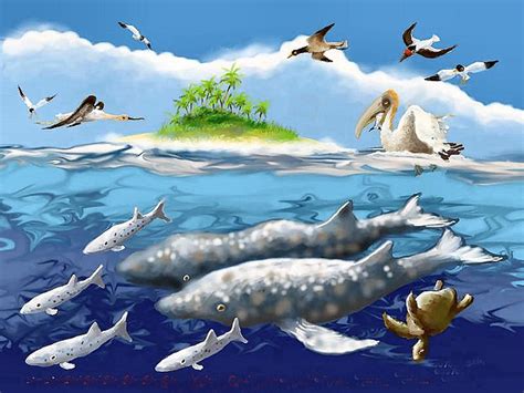 Illustratie van de schepping met de mens als heerser over dieren, vogels en vissen.