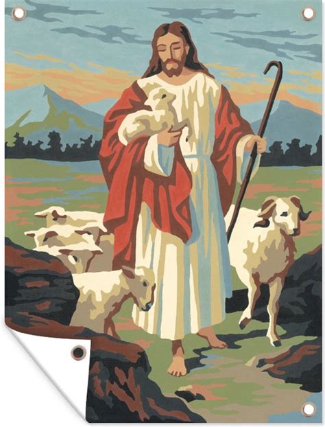 Illustratie van een herder die schapen leidt naar een rustige weide met een stille waterbron.