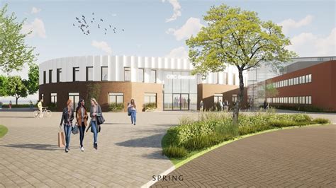 Artistieke impressie van het nieuwe schoolgebouw aan de Haarspitwei 11, met de kenmerkende driehoekige centrale ruimte.