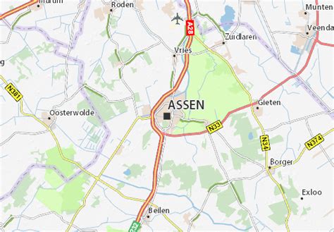Plattegrond van Assen met de locatie van het Gomaruscollege gemarkeerd