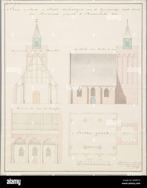 Gedetailleerde tekening van de tufstenen toren van de Hervormde kerk in Wierum, met aanduiding van bouwlagen en details.