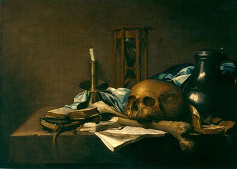 een klassiek vanitas-stilleven met een schedel, kaarsen, boeken en vervliegende bloemen
