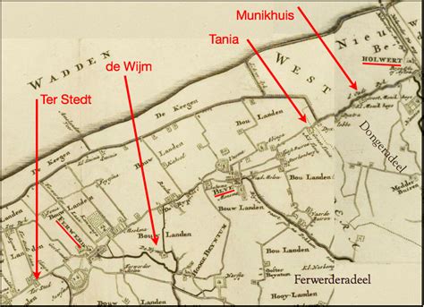 Kaart van Noord-Friesland met de dorpen Hallum, Ferwerd, Blija en Holwerd aangegeven