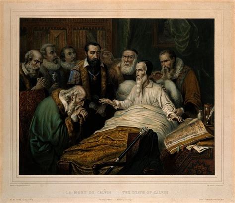 Illustratie van Johannes Calvijn op zijn sterfbed