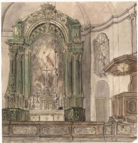 Interieur van de voormalige schipperskerk met preekstoel en schildering