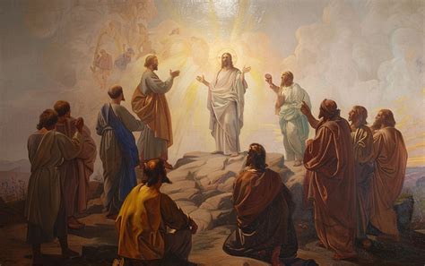Illustratie van Jezus op de berg Tabor, omringd door Mozes en Elia, met de drie discipelen aan zijn voeten.
