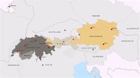 Kaart van Europa met de locaties van de ERKWB-gemeenten in Oostenrijk, Duitsland en Zwitserland