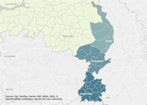 Kaart van Zuid-Limburg in de 17e eeuw, met aanduiding van de regio Beek en omliggende plaatsen
