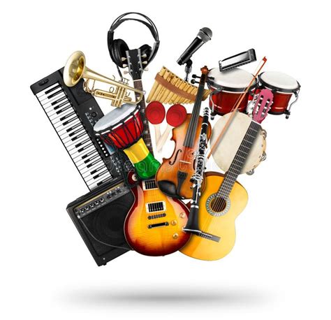 Collage van diverse bladmuziek-covers en instrumenten.