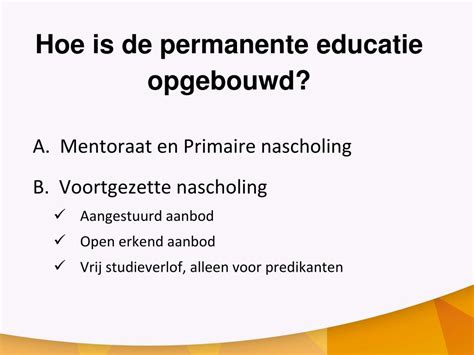 Schema van de fasen van permanente educatie voor predikanten en kerkelijk werkers.