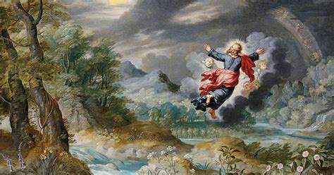 Illustratie van de schepping, met God die op de zevende dag rust.