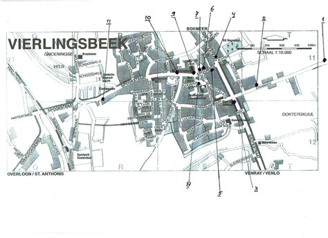 Plattegrond van Vierlingsbeek met historische locaties gemarkeerd
