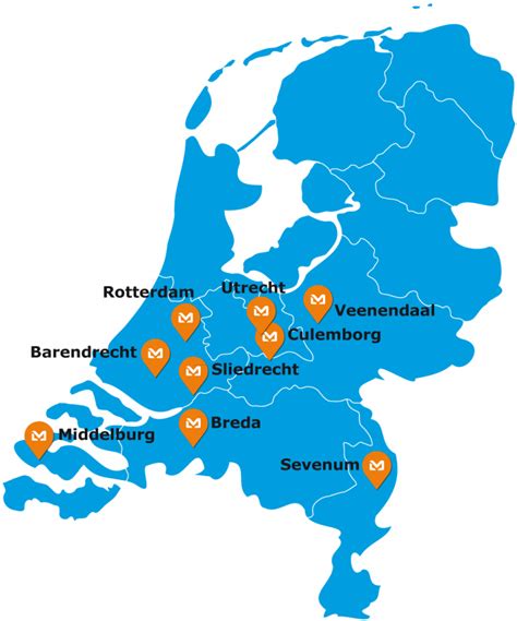 Kaart van Nederland met markeringen op locaties van protestantse kerkgenootschappen