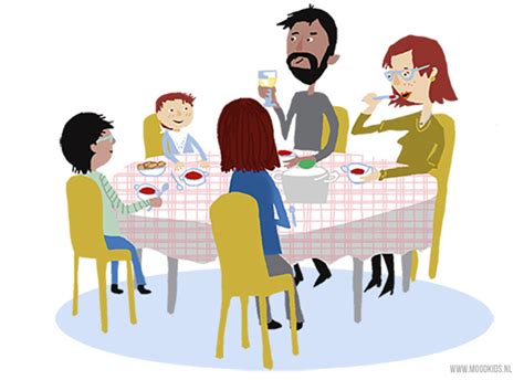 Illustratie van een gereformeerd gezin dat samen aan tafel zit voor het avondeten, met een Bijbel op tafel.