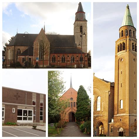 Illustratie van verschillende protestantse kerkgebouwen met diverse architecturale stijlen om de diversiteit te symboliseren