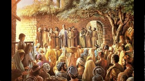 Illustratie van de eerste christelijke gemeenschap, geïnspireerd op Handelingen 2.