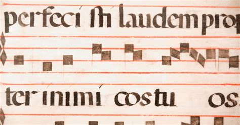 Voorbeeld van gregoriaanse neumennotatie op een paleografisch manuscript.