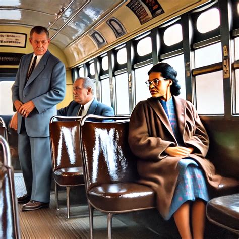Illustratie van Rosa Parks die weigert haar zitplaats af te staan in de bus.
