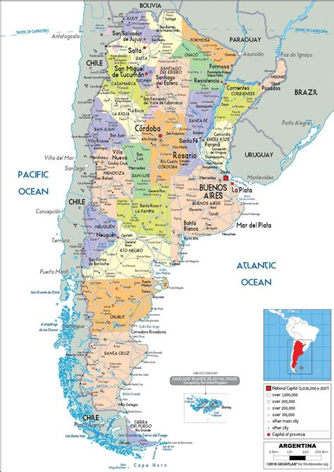 Kaart van Argentinië met de locaties van Comodoro Rivadavia, Buenos Aires, Mar del Plata, Sarmiento en Rosario gemarkeerd