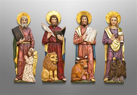 Illustratie van de vier evangelisten met hun symbolen: mens (Matteüs), leeuw (Marcus), os (Lucas), adelaar (Johannes).