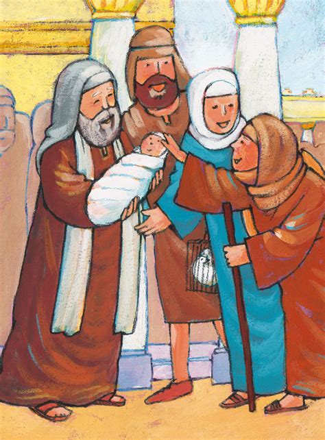 Illustratie van de ontmoeting van Simeon en Hanna met het kind Jezus in de tempel.