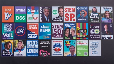 Thema: Politieke partijen en hun leiderschap. Beschrijving: Een collage van portretten van Nederlandse politieke leiders, waaronder Geert Wilders en Gert-Jan Segers.