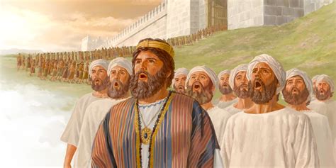 Een illustratie van koning Josafat die knielt voor God, met het volk van Juda om hem heen, terwijl een Leviet profeteert.