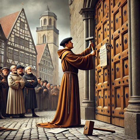 Illustratie van Maarten Luther die zijn 95 stellingen aan de deur van de slotkerk in Wittenberg spijkert.